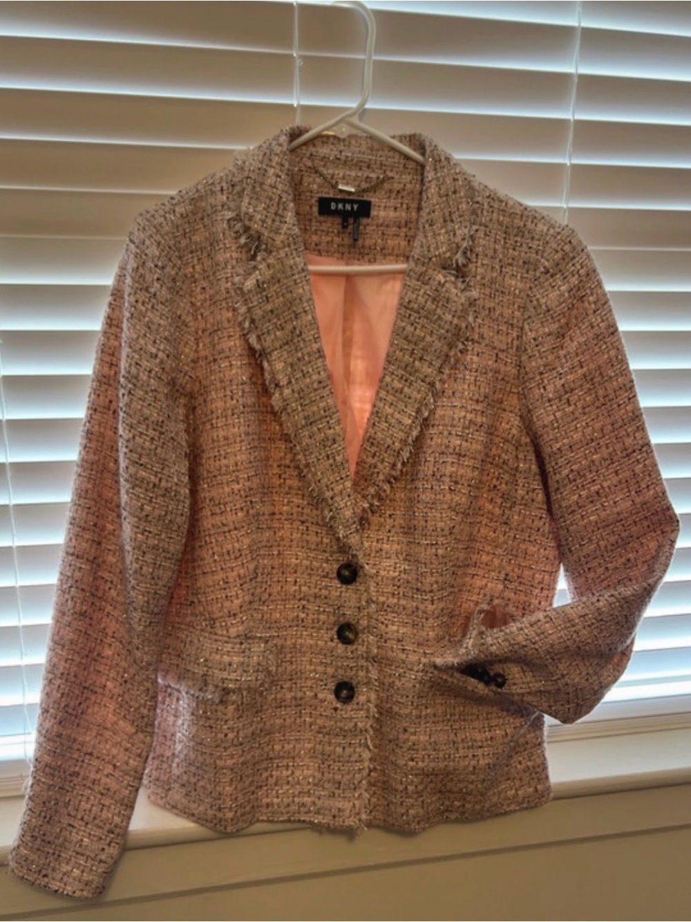 DKNY Pink Tweed Fringe-Trim Blazer